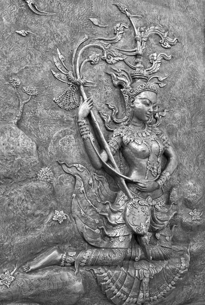 Inhemska Kultur Thai Skulptur Templet Väggen Svart Och Vitt — Stockfoto