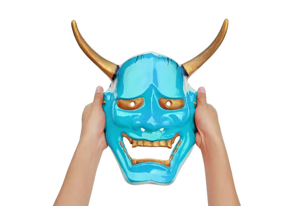 Händer Som Håller Cyan Kabuki Mask Vit Bakgrund — Stockfoto