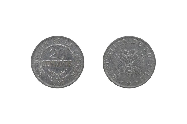 Boliviano Boliviano Moneta Isolata Sfondo Bianco — Foto Stock