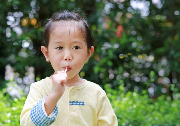 Petite Fille Enfant Profiter Manger Des Bonbons Sucette Dans Parc — Photo