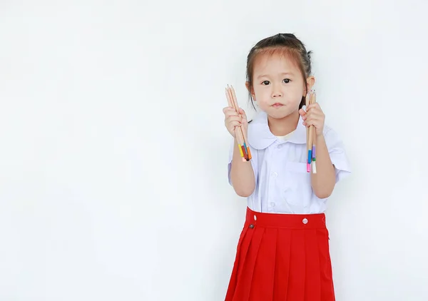Portrait Asian Child School Uniform Holding Color Pencil Isolated White — Stock Photo, Image