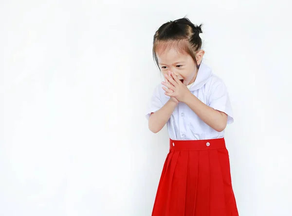 Porträtt Asiatiska Barn Skoluniform Isolerad Vit Bakgrund — Stockfoto