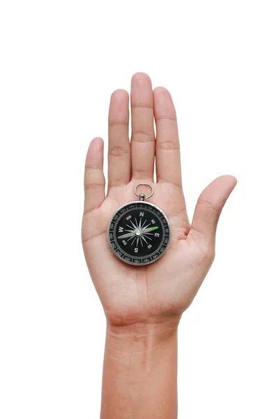 Kompass Der Hand Auf Weißem Hintergrund Nahaufnahme — Stockfoto