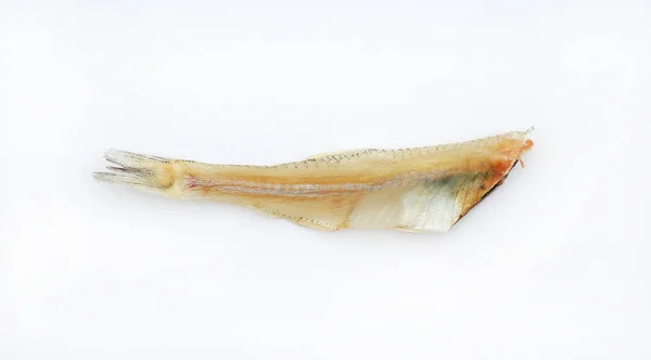 Imagem Macro Pequenos Peixes Secos Isolados Sobre Fundo Branco — Fotografia de Stock