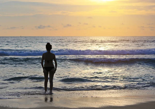 Günbatımı kumsalda bikini, sahne güzel kadın arkadan görünüş.