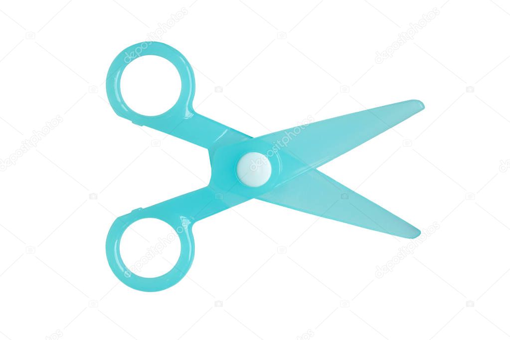 Cyan Plastic children safety scissors isolated on white background.