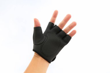 Sol el beyaz arka plan üzerinde izole spor eldiven giyiyor.