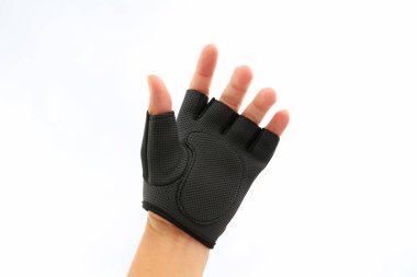 Sol el beyaz arka plan üzerinde izole spor eldiven giyiyor.
