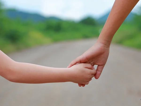 Gros Plan Soeur Tenir Main Avec Petits Enfants Marchant Sur — Photo