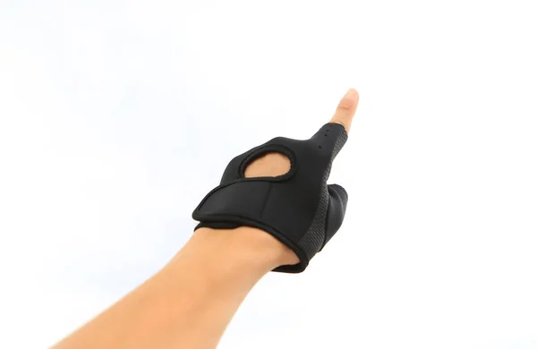 Mão Esquerda Usando Luva Esporte Com Apontamento Frente Isolado Fundo — Fotografia de Stock