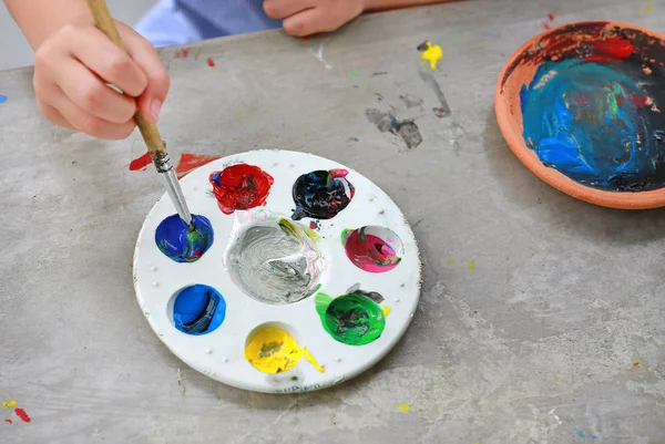 Close Child Hands Painting Paintbrush Watercolors — Stock Photo, Image