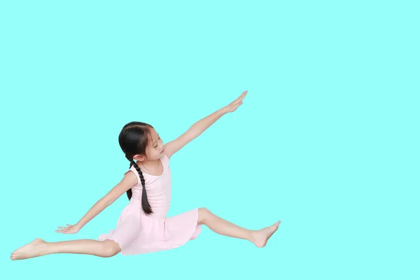 Asian Little Child Girl Dancer Ballet Ballerina Stretching Isolated Cyan — Stockfoto