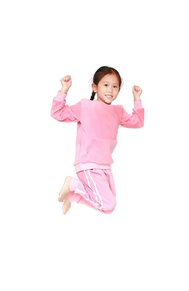 Feliz Sorrir Pequena Menina Asiática Traje Rosa Pano Esporte Pulando — Fotografia de Stock