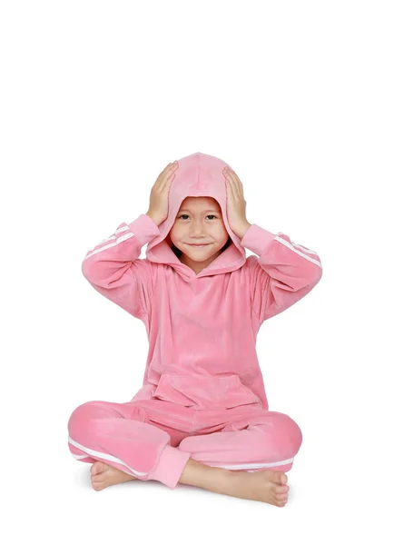 Menina Asiática Pequena Feliz Traje Rosa Pano Esporte Com Mãos — Fotografia de Stock