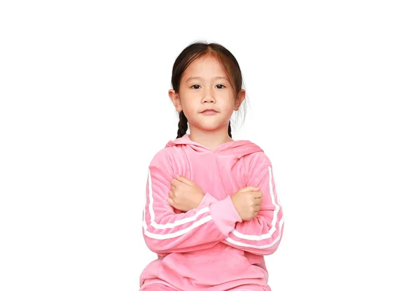 Asiatisches Kleines Mädchen Rosa Trainingsanzug Oder Sportkleidung Mit Verschränktem Arm — Stockfoto