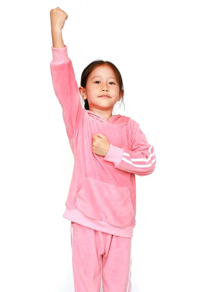 Fröhliche Kleine Asiatische Kindermädchen Rosa Trainingsanzug Oder Sportkleidung Mit Erhobenen — Stockfoto