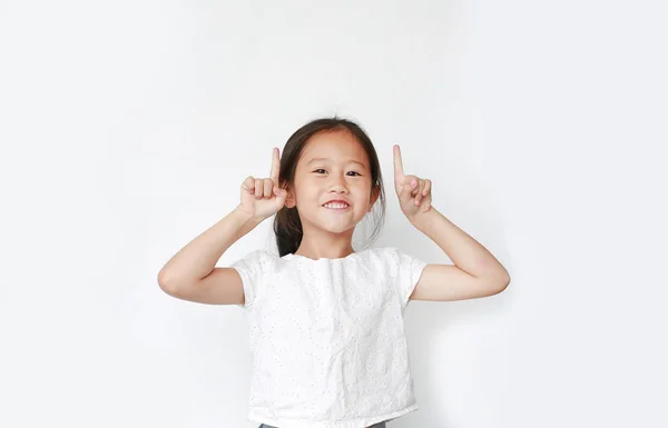 Alegre Niña Asiática Crió Dos Dedos Índice Para Animar Aislado —  Fotos de Stock