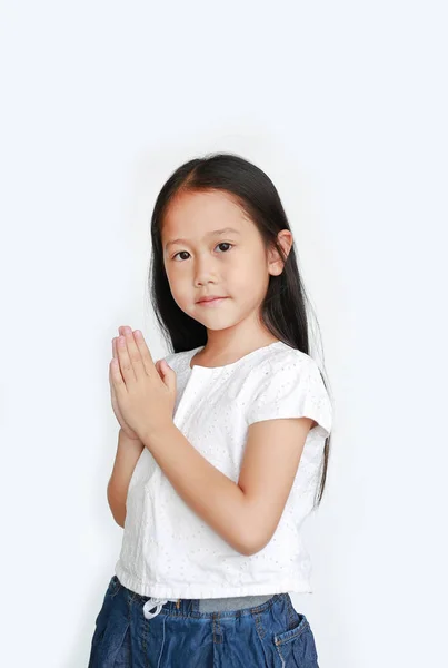 Beautiful Little Asian Child Girl Praying Isolated White Background Sawasdee — Stock Photo, Image