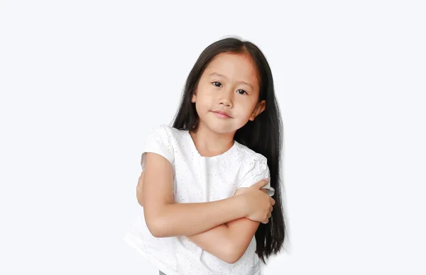 Confident Little Asian Child Girl Expression Cross One Arm Looking — Stock Photo, Image