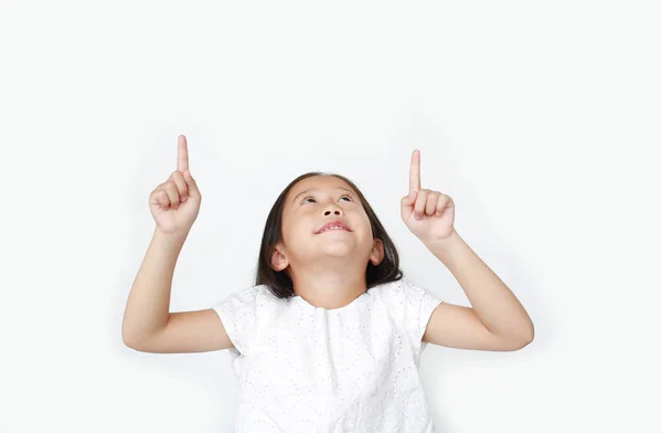 Retrato Ásia Pequena Criança Menina Apontando Dois Indicador Para Cima — Fotografia de Stock