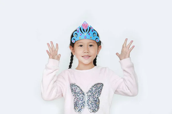 Portrait Little Asian Child Girl Wearing Crown Toys Posture Open — Stock Photo, Image