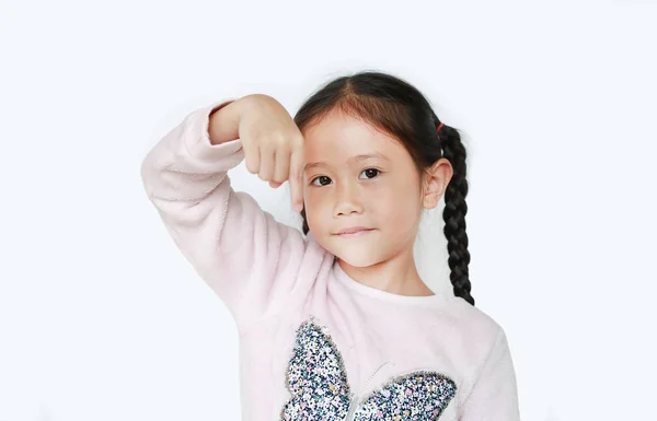 Cheerful Little Asian Child Girl Points Her One Forefinger White — Stock Photo, Image