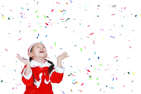 Щаслива дівчинка в костюмній сукні Санта з копією простору на білому — стокове фото