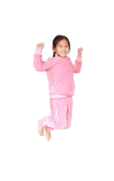 Glücklich Und Lächelnd Hüpft Das Kleine Asiatische Kindermädchen Rosa Trainingsanzug — Stockfoto