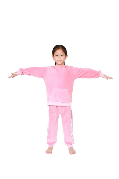 Retrato Sorridente Menina Criança Asiática Traje Rosa Pano Esporte Fazendo — Fotografia de Stock