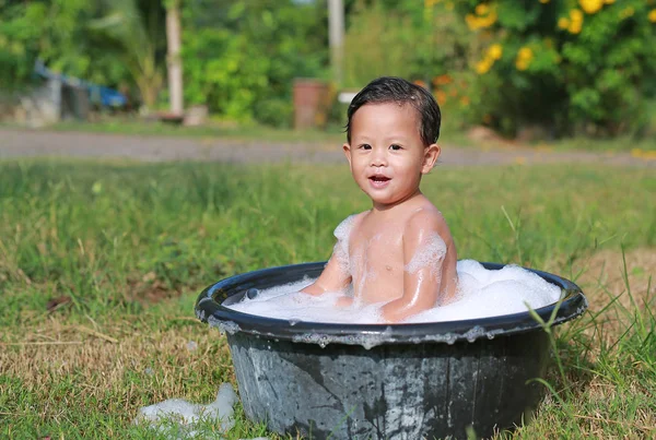 Portrait Asian Baby Boy Take Bath Foam Bubble Washing Black — Stock Photo, Image