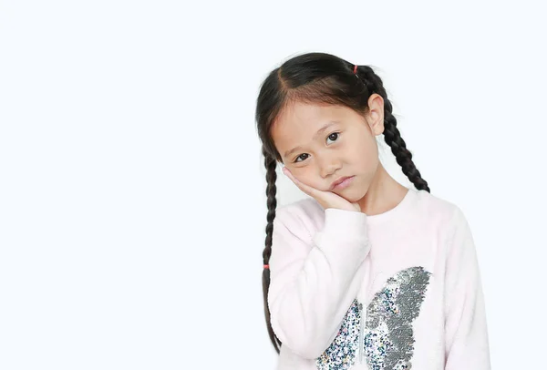 Sério Triste Asiático Menina Criança Com Postura Sua Mão Bochecha — Fotografia de Stock