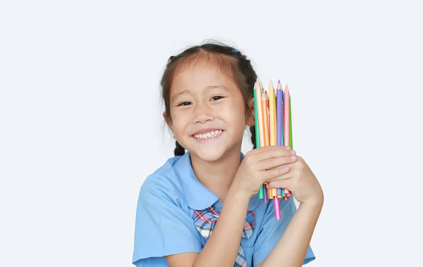 Portrait Happy Little Girl School Uniform Holding Color Pencils White — ストック写真