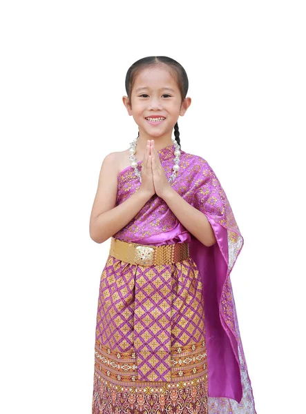 Menina Menina Asiática Bonita Vestido Tailandês Tradicional Orando Isolado Fundo — Fotografia de Stock