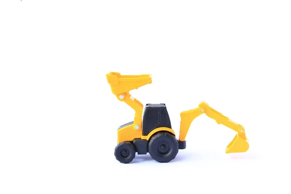 Yellow Toy Car Bulldozer Excavator Isolated White Background Children Backhoe — Stock Photo, Image