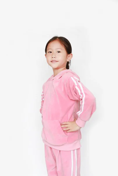 Αξιολάτρευτο Μικρό Κορίτσι Ασιατικό Παιδί Ροζ Φόρμα Αθλητικό Ύφασμα Κάνει — Φωτογραφία Αρχείου