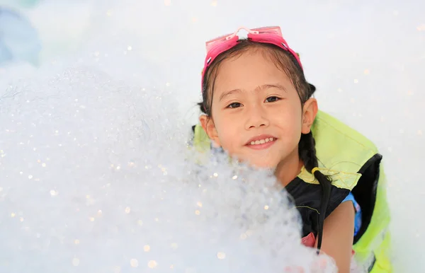Close Cute Little Asian Child Girl Smiling Having Fun Foam — Stock Photo, Image