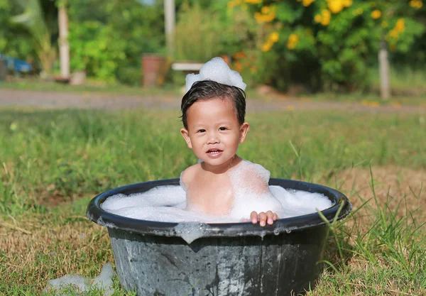 Portrait Asian Baby Boy Take Bath Foam Bubble Washing Black — Stock Photo, Image