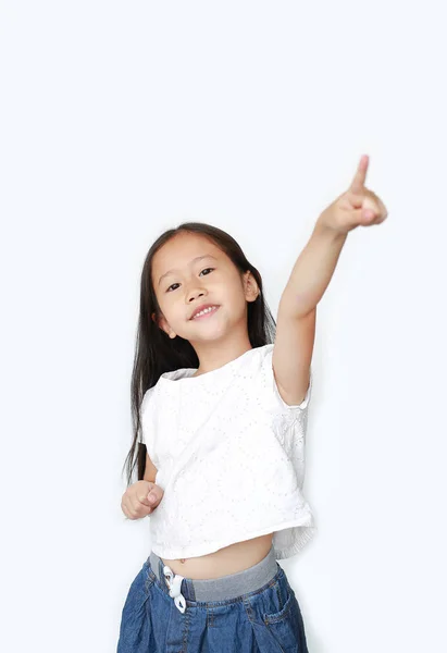 Retrato Menina Criança Feliz Poiting Para Cima Olhando Para Câmera — Fotografia de Stock