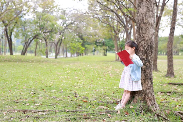 Menina Bonita Leitura Livro Parque Livre Magro Contra Tronco Árvore — Fotografia de Stock