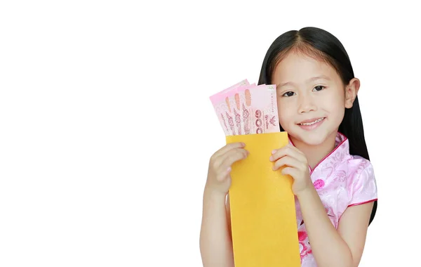 Glückliches Kleines Asiatisches Kindermädchen Rosa Traditionellem Cheongsam Kleid Lächelt Während — Stockfoto