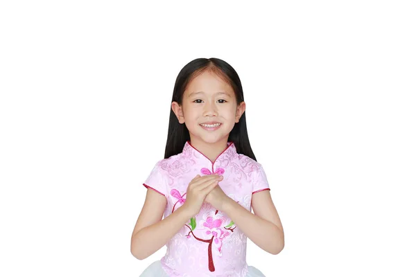 Sorrindo Menina Criança Asiática Vestindo Vestido Chinês Tradicional Rosa Com — Fotografia de Stock