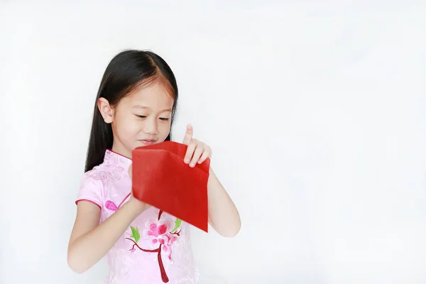 Gelukkig Aziatische Kind Meisje Draagt Roze Traditionele Cheongsam Jurk Glimlachen — Stockfoto