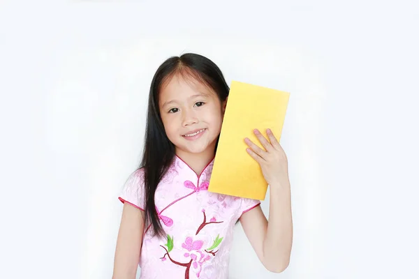 Happy Little Asian Child Girl Wearing Pink Traditional Cheongsam Dress — Stockfoto