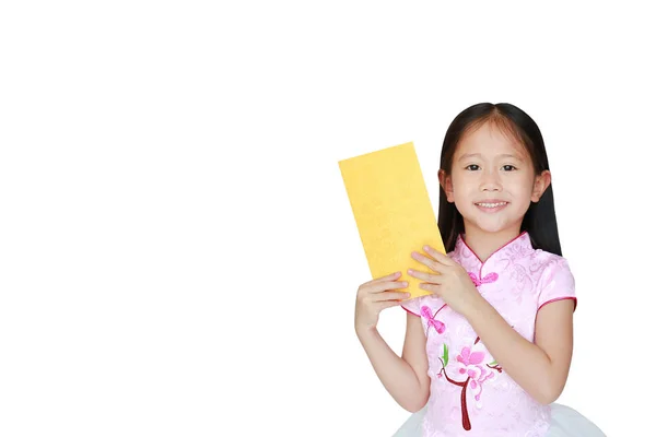 Glückliches Kleines Asiatisches Kindermädchen Rosa Traditionellem Cheongsam Kleid Lächelnd Während — Stockfoto