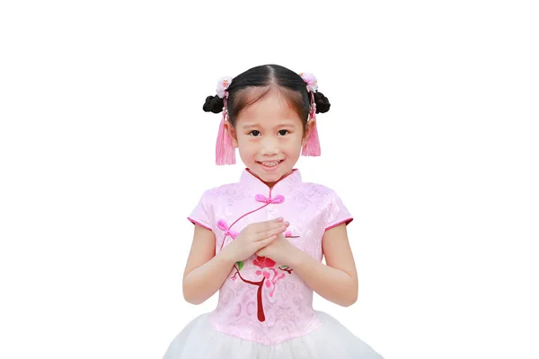 Menina Asiática Pequena Feliz Usando Vestido Chinês Tradicional Rosa Com — Fotografia de Stock
