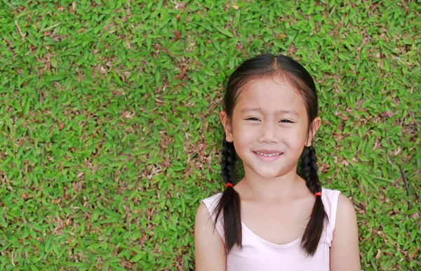 Smiling Little Asian Child Girl Two Ponytail Hair Lying Green — Stockfoto