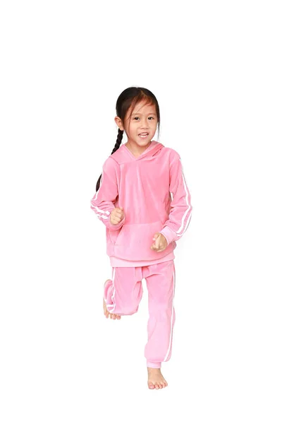 Aktywna Dziewczynka Różowym Dresie Lub Sportowej Tkaniny Działa Odizolowany Białym — Zdjęcie stockowe