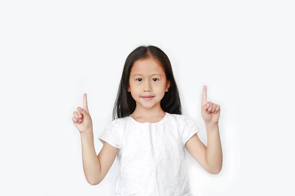 Portrait Asian Little Child Girl Raised Two Forefinger Cheer Isolated — Stock Photo, Image