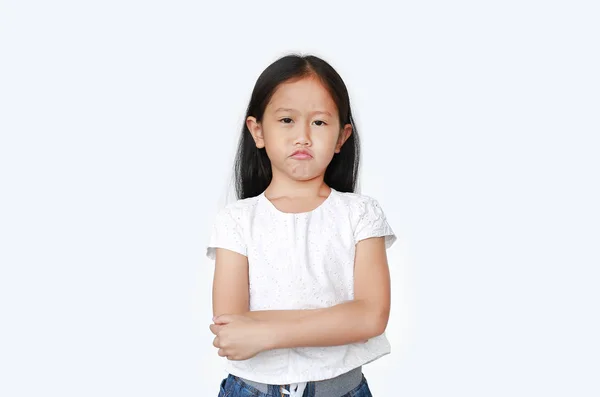 Маленька Азійська Дівчинка Яка Дивиться Камеру Смішним Обличчям Виразом Перетинає — стокове фото