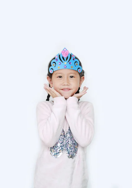 Portrait Happy Little Asian Child Girl Wearing Crown Toys Isolated — Stock Photo, Image